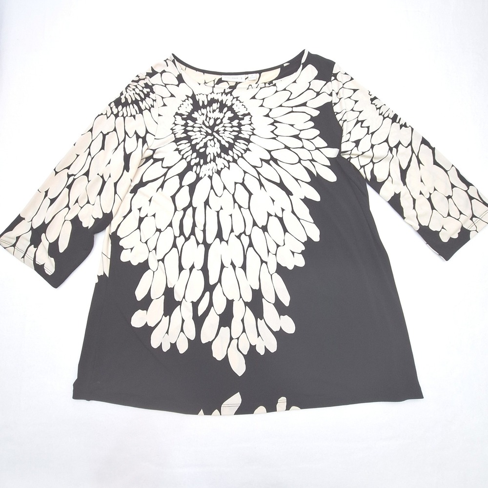 Susan Graver Tunic Top Womens 1X Black Floral Liquid Knit 3/4 Sleeve A90833
